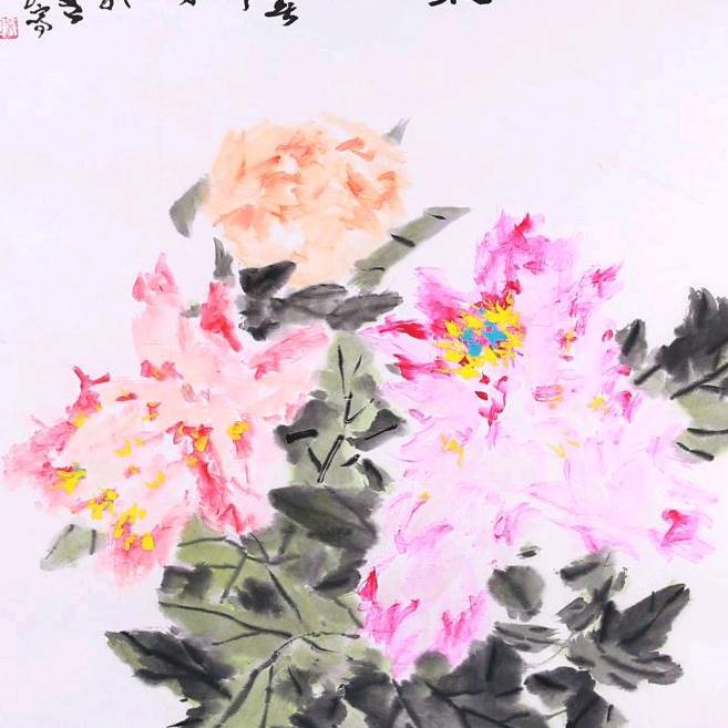 顾爱民手绘牡丹作品扇签店