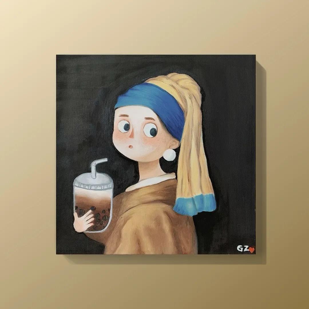 带珍珠耳环少女的奶茶真好喝