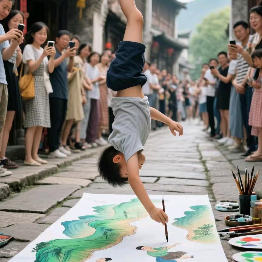 少年以独特的姿态执笔，山水如梦