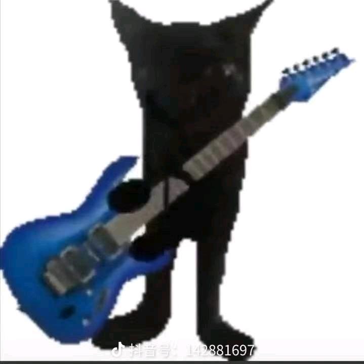 拿着蓝色电吉他的黑色小猫