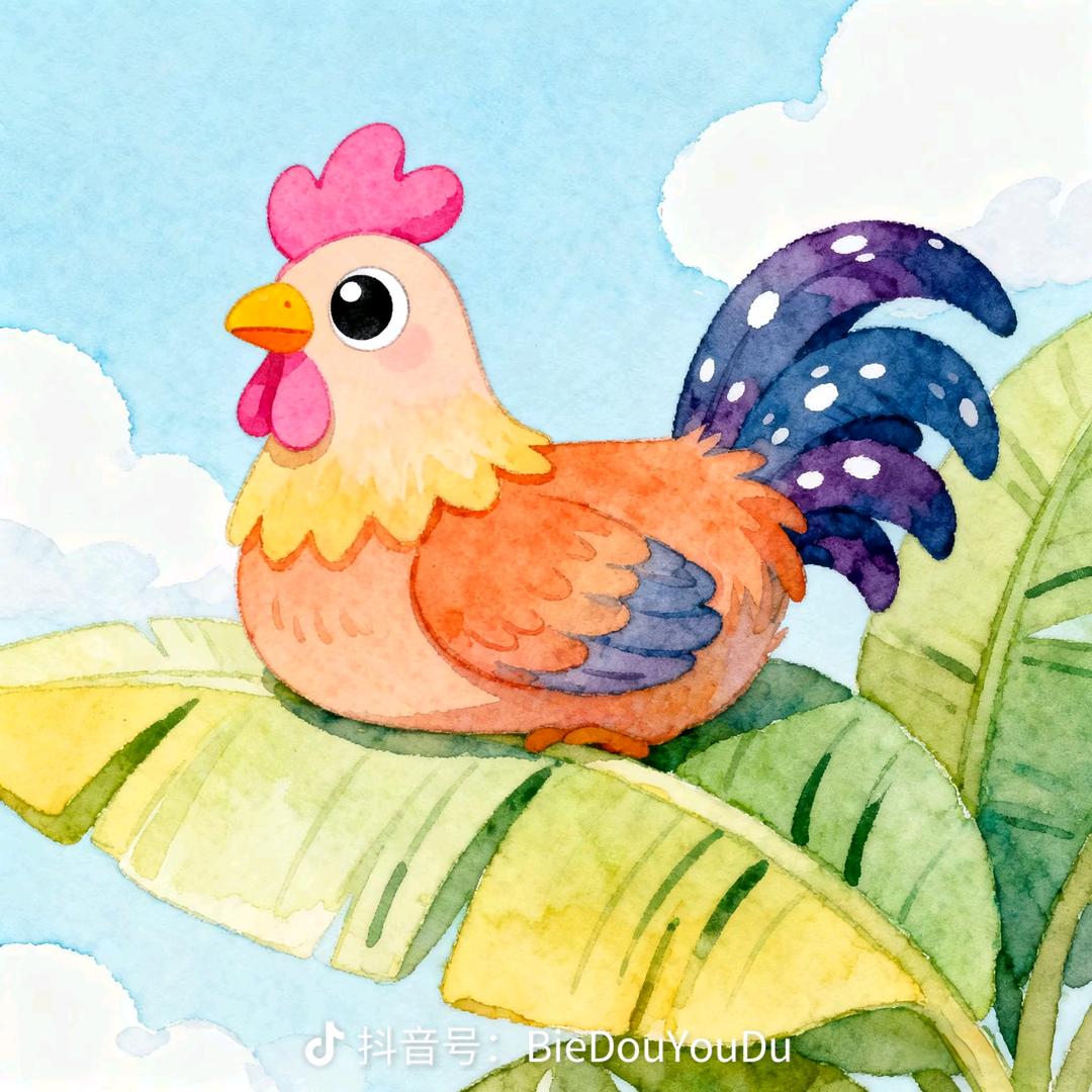 小鸡落在芭蕉树上